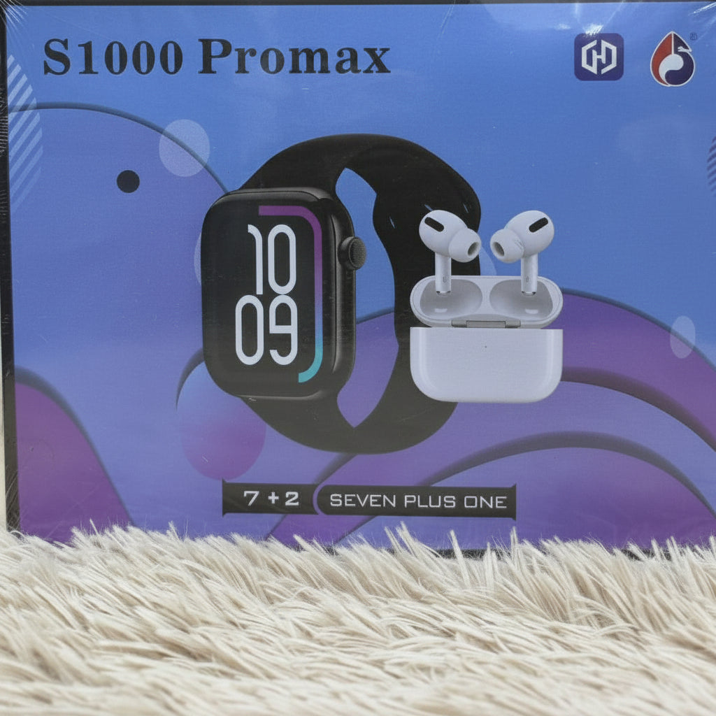S1000 Pro Max Smartwatch Bundle – 7 Interchangeable Straps + Air Pods, Fitness & Smart Features