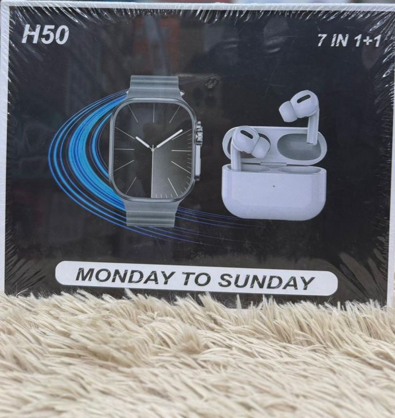 H50 Smartwatch Bundle – 7 Interchangeable Straps + Air Pods, Fitness & Smart Features