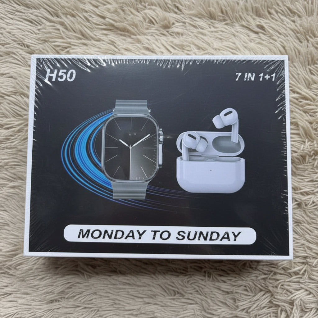 H50 Smartwatch Bundle – 7 Interchangeable Straps + Air Pods, Fitness & Smart Features