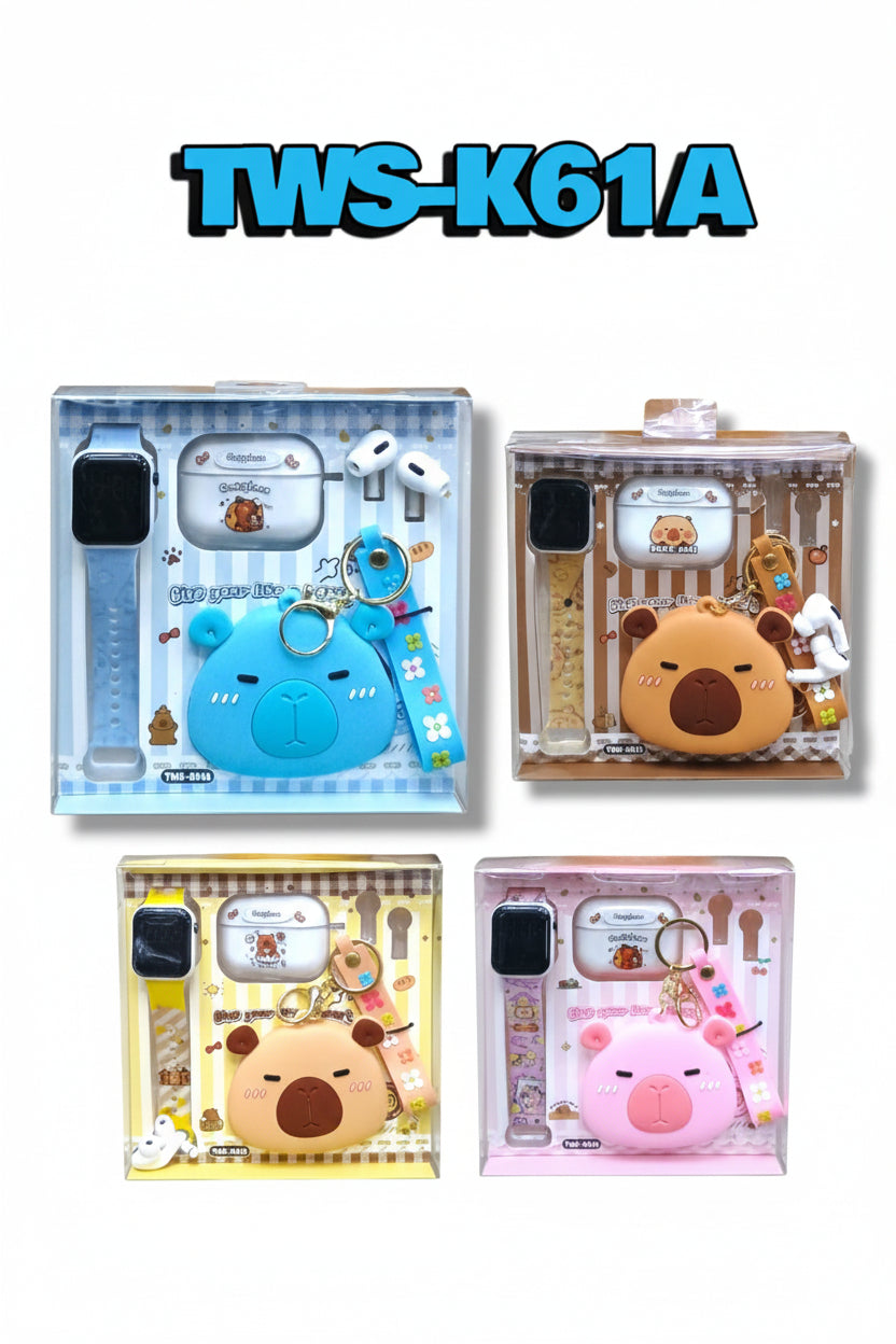 TWS K61A Cartoon Earbuds Gift Set with LED Charging Case & Kids’ Watch