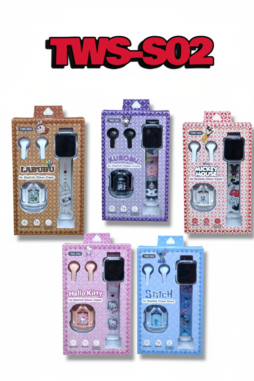 TWS-S02 Earbuds Gift Set with Casual Watch – Premium Kids & Girls Gift Set