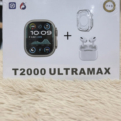 T2000 Ultra Max Smartwatch Bundle – AirPods + Hard Shell Watch Protector, Fitness & Smart Features